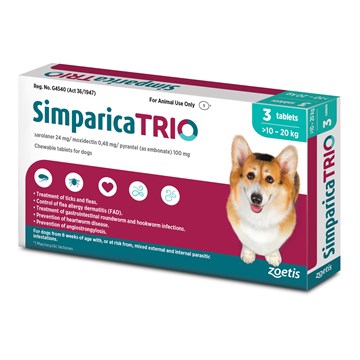 Simparica Trio For Medium Dogs 10-20kg (Turq) 3 Tabs